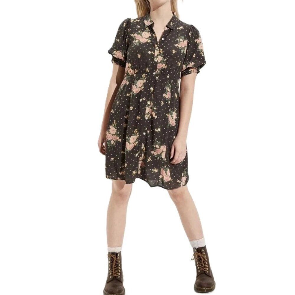 American Eagle Women Gray Floral Puff Sleeve Shirt Dress 90's Grunge Sz XS